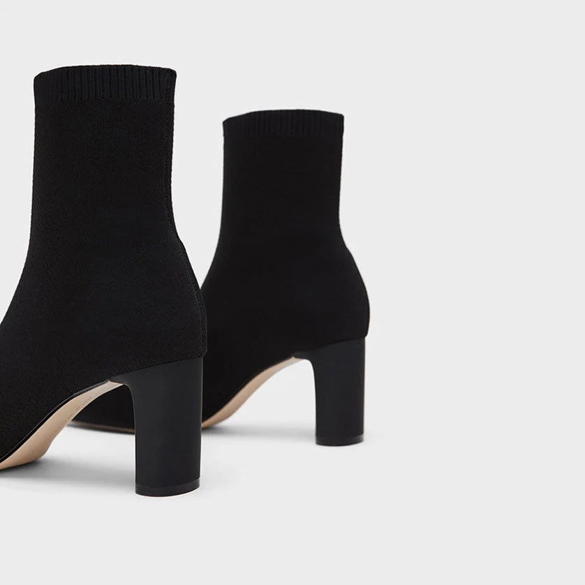 Elegant Pointed Toe Chunky Heel Mid Calf Sock Boots - Black - Image 4