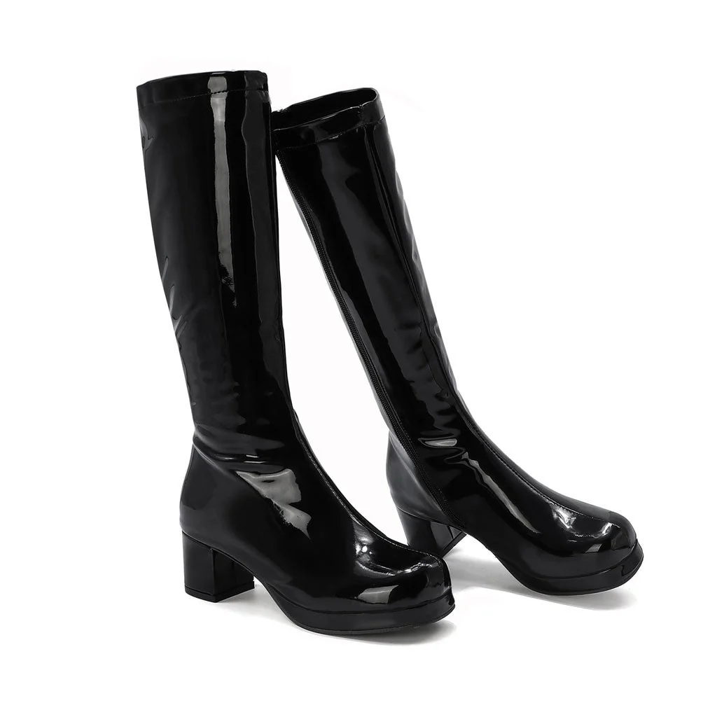 Polished Round Toe Platform Chunky Heel Mid Calf Boots - Black - Image 2
