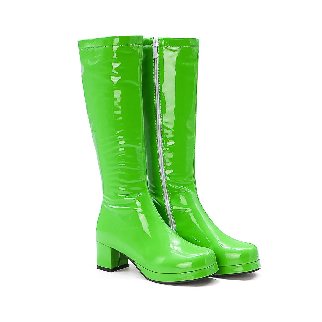 Polished Round Toe Platform Chunky Heel Mid Calf Boots - Green - Image 2