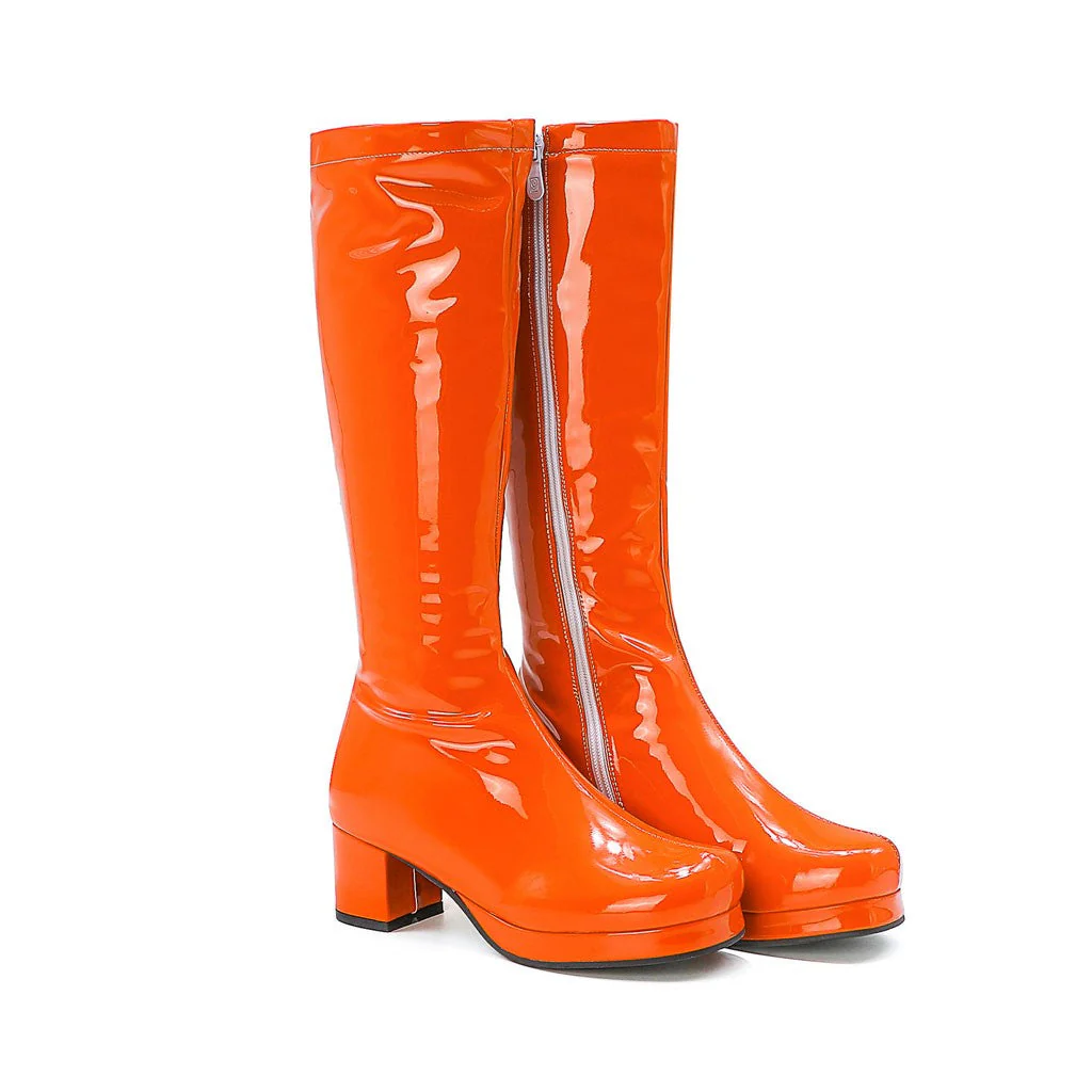 Polished Round Toe Platform Chunky Heel Mid Calf Boots - Orange - Image 2