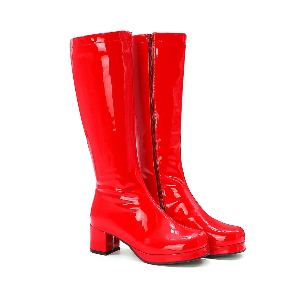 Polished Round Toe Platform Chunky Heel Mid Calf Boots - Red - Image 2