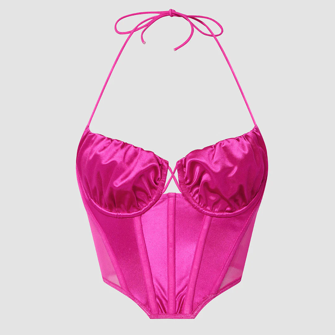 Polished Ruched Sweetheart Sheer Mesh Satin Crop Corset Top - Rose - Image 5