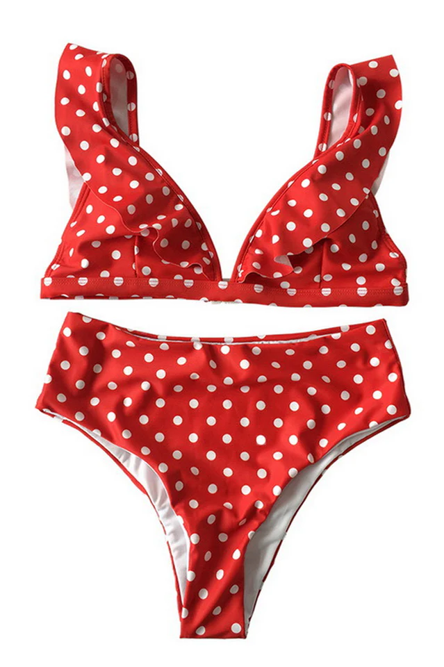 Polka Dot High Waist Ruffle Bikini - Image 13