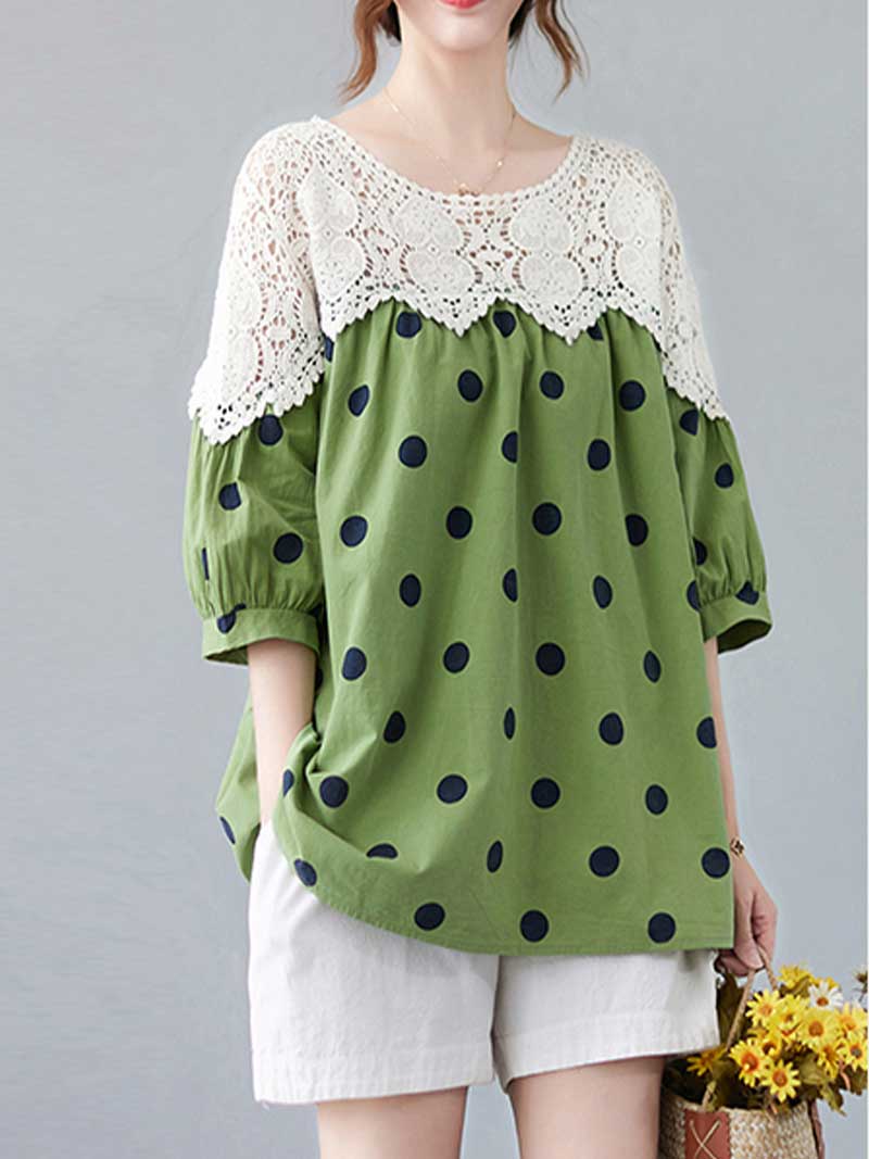 Polka Dot Print Cotton Floral Net Lace Shirt Top - Image 5