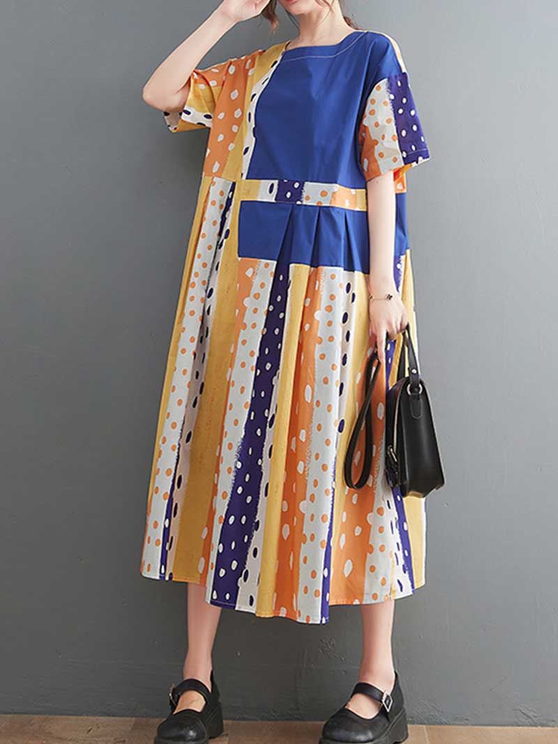 Polka Dot Print Round-Neck Short Sleeves A-Line Dress Dress - Image 10