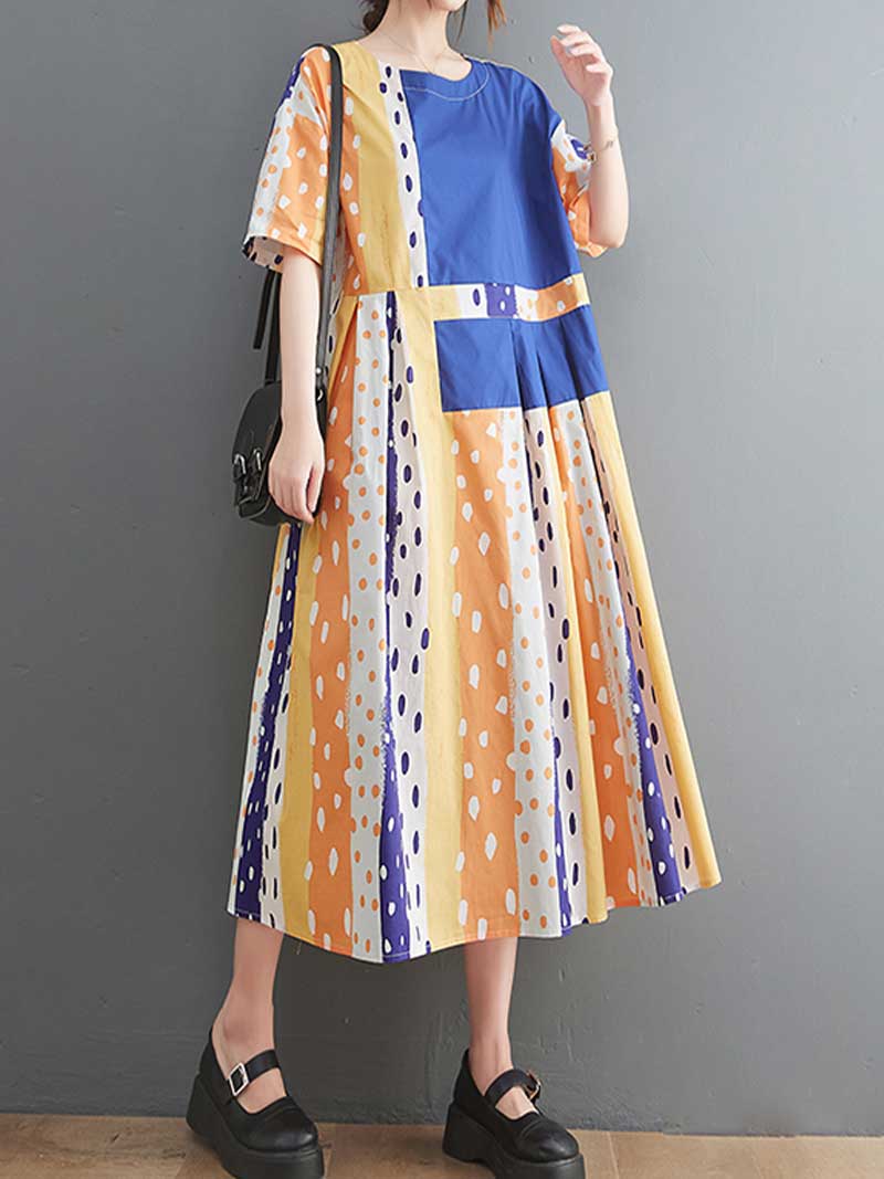 Polka Dot Print Round-Neck Short Sleeves A-Line Dress Dress - Image 2