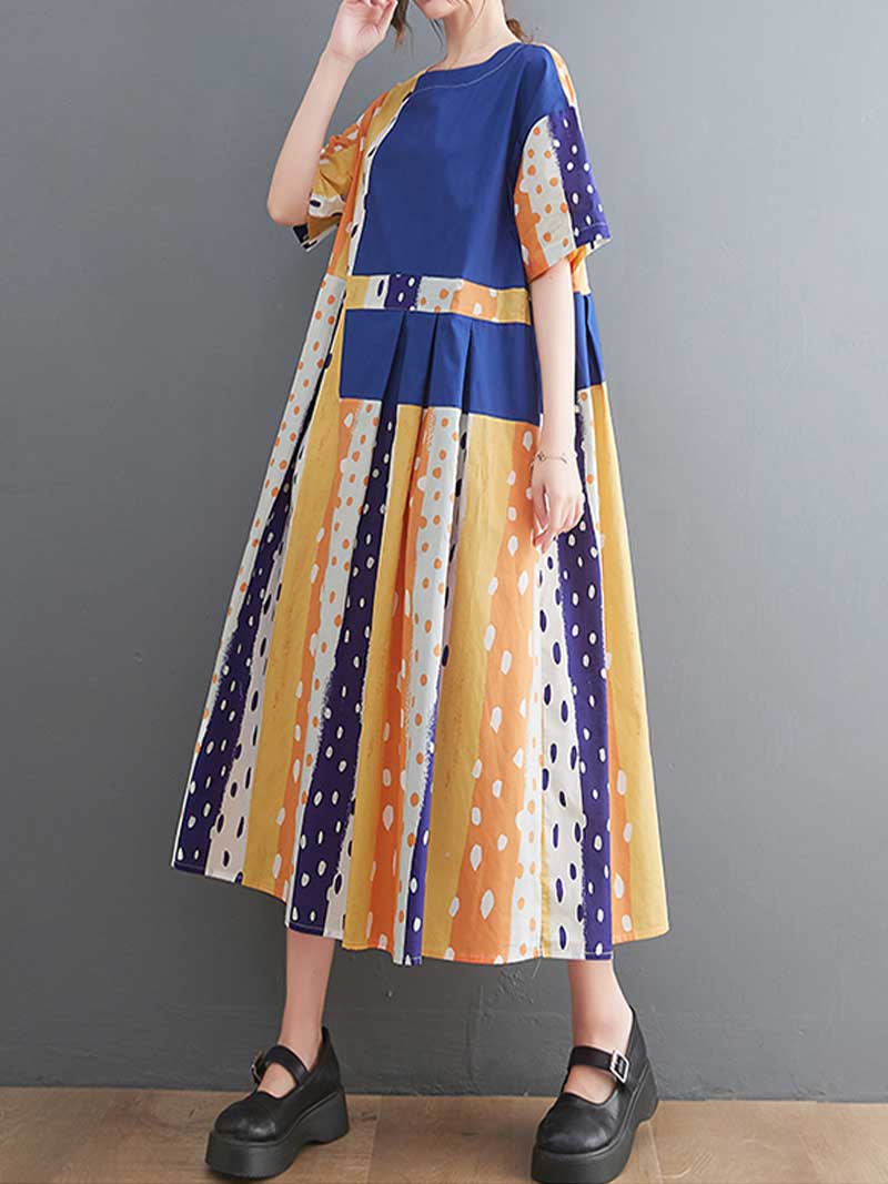 Polka Dot Print Round-Neck Short Sleeves A-Line Dress Dress - Image 4