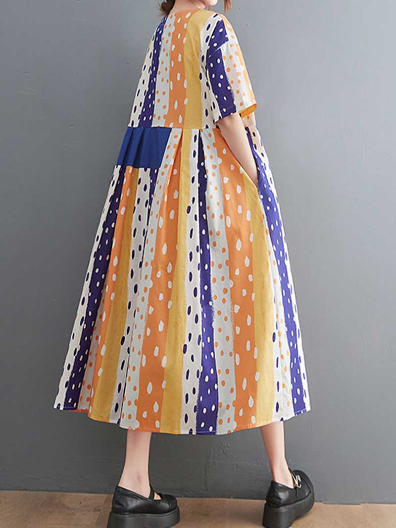 Polka Dot Print Round-Neck Short Sleeves A-Line Dress Dress - Image 5