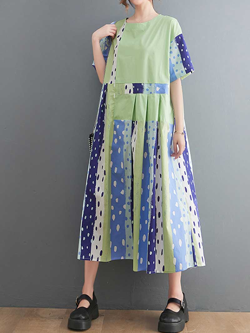 Polka Dot Print Round-Neck Short Sleeves A-Line Dress Dress - Image 6