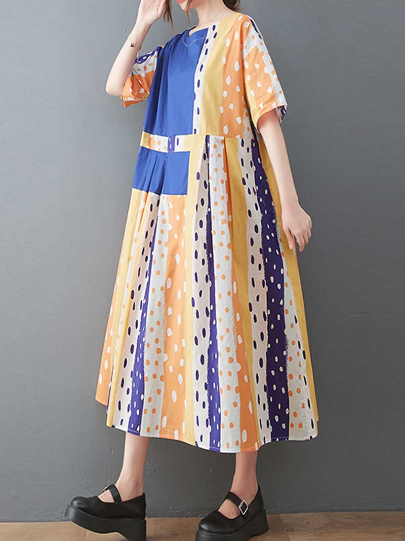 Polka Dot Print Round-Neck Short Sleeves A-Line Dress Dress - Image 8