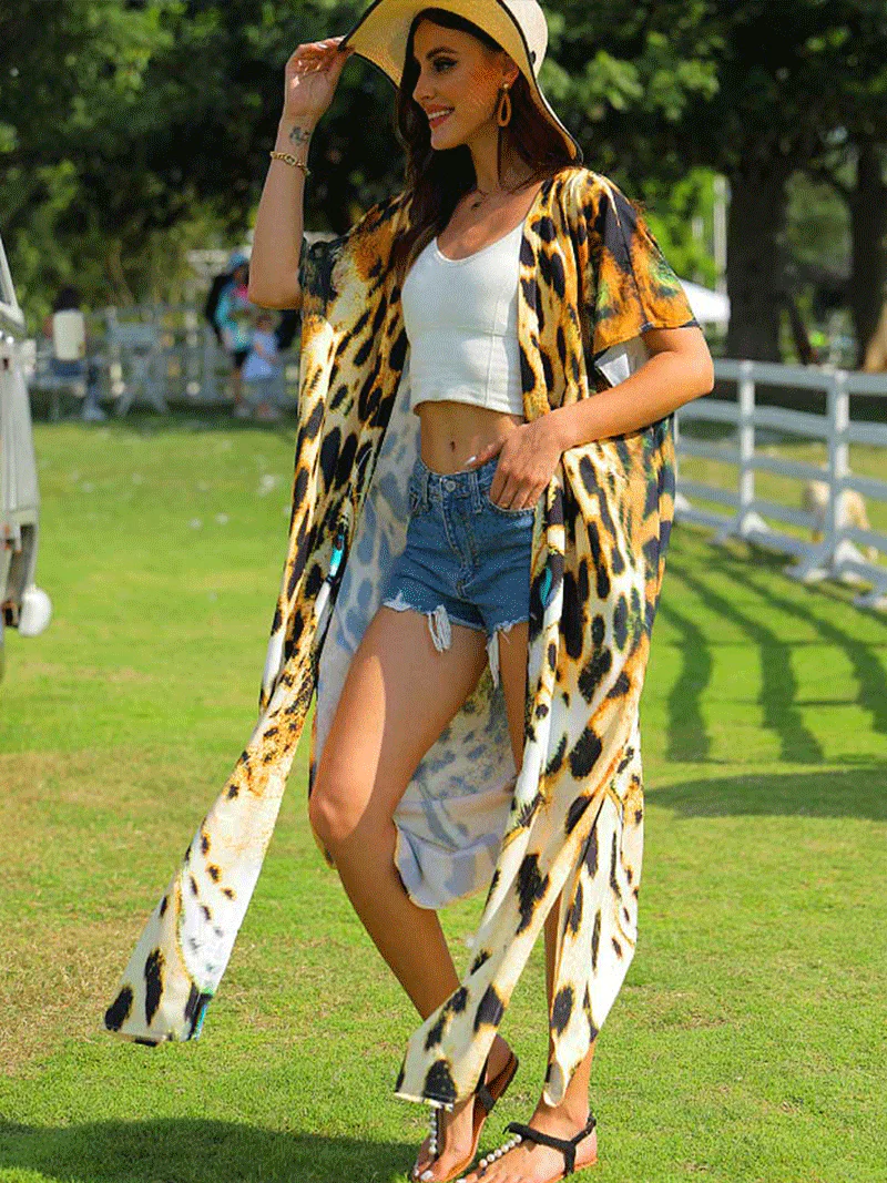 Leopard Print Yellow Leopard Color Polyester Long Length Gown Kimono Duster Robe - Image 3