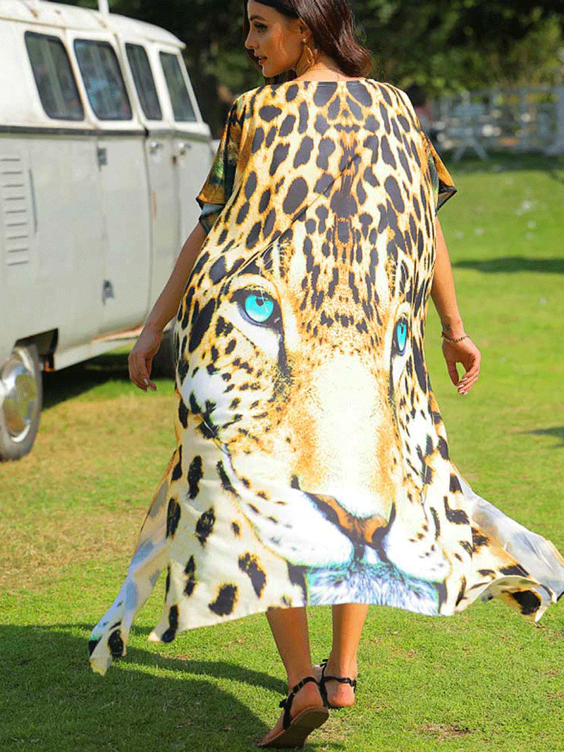 Leopard Print Yellow Leopard Color Polyester Long Length Gown Kimono Duster Robe - Image 4
