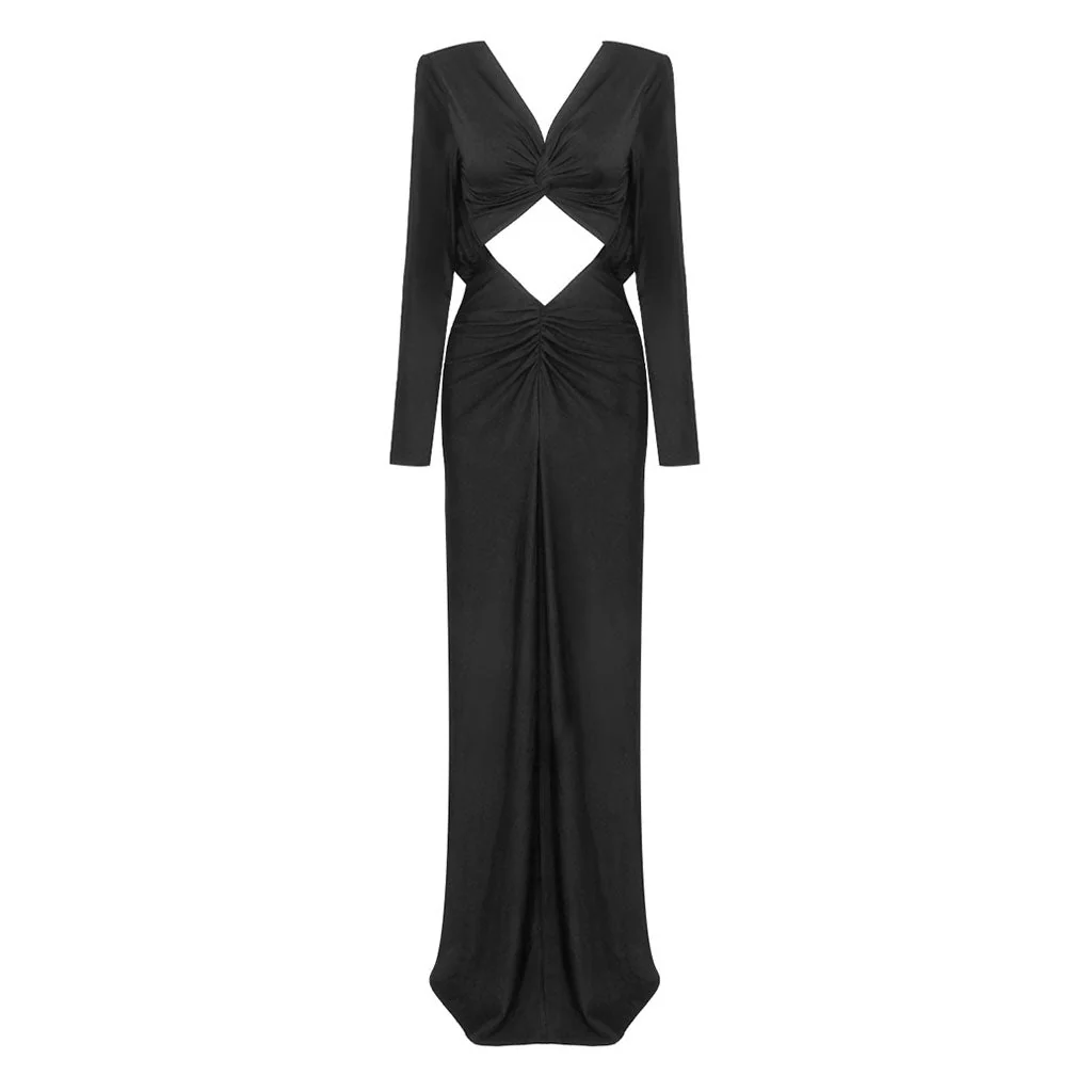 Posh Draped Plunge Twist CutOut Padded Long Sleeve Ruched Maxi Evening Dress - Image 3
