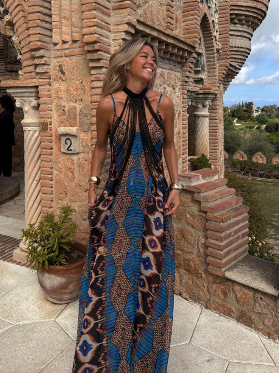 Positioning Print Suspender Long Skirt Dress - Image 2