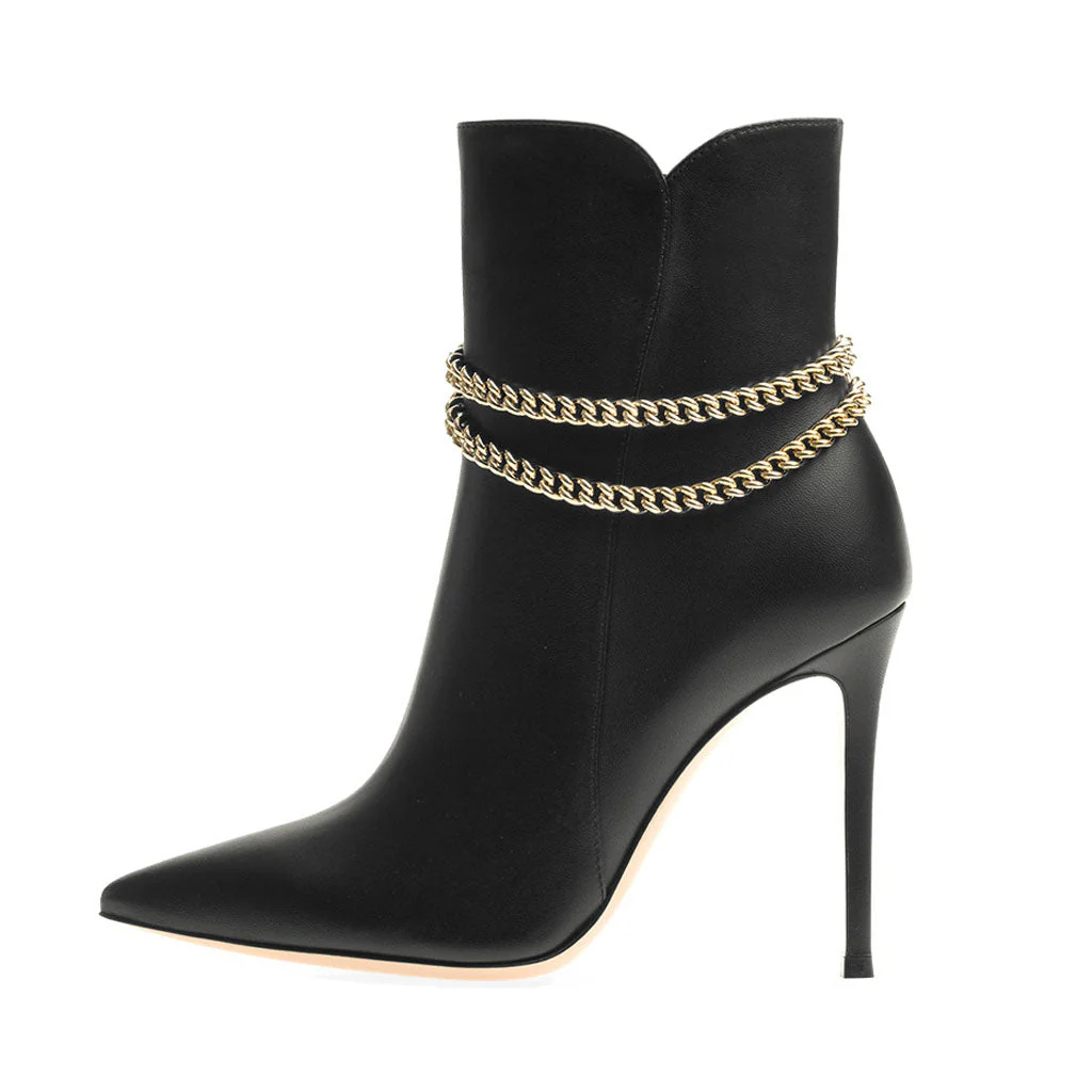 Powerful Pointed Toe Chain Strap High Heel Ankle Boots - Black - Image 3