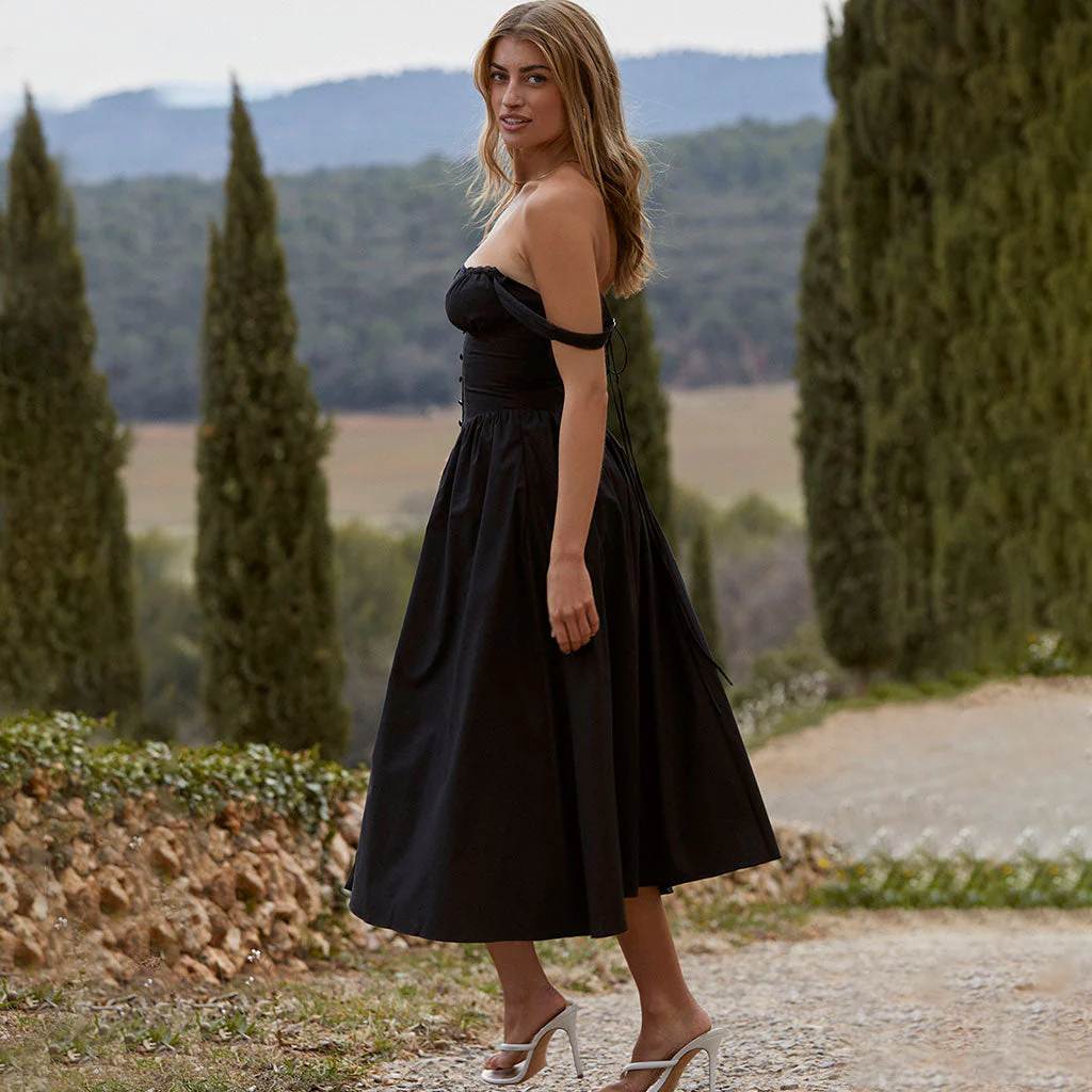 Prairie Style Square Neck Bustier Button Trim Drop Waist Side Pocket Midi SunDress - Image 2