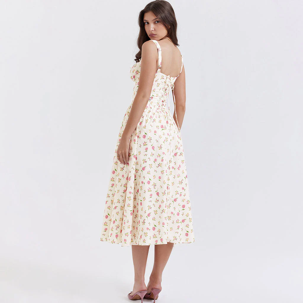 Prairie Style Square Neck Bustier Button Trim Drop Waist Side Pocket Midi SunDress - Image 8