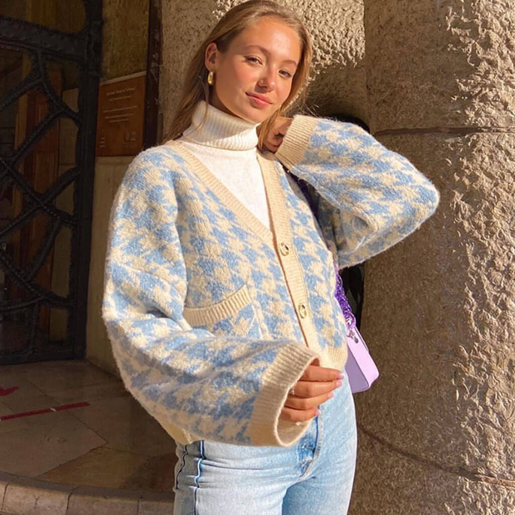 Preppy Houndstooth V Neck Long Sleeve Button Up Cardigan - Blue - Image 2