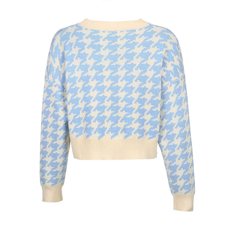 Preppy Houndstooth V Neck Long Sleeve Button Up Cardigan - Blue - Image 4
