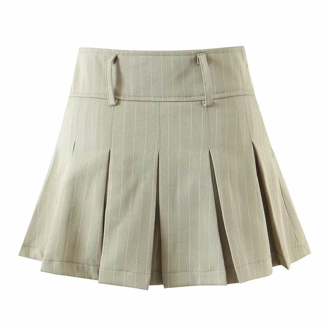 Preppy Style Stripe Print High Waist Pleated Mini Skirt - Khaki - Image 3