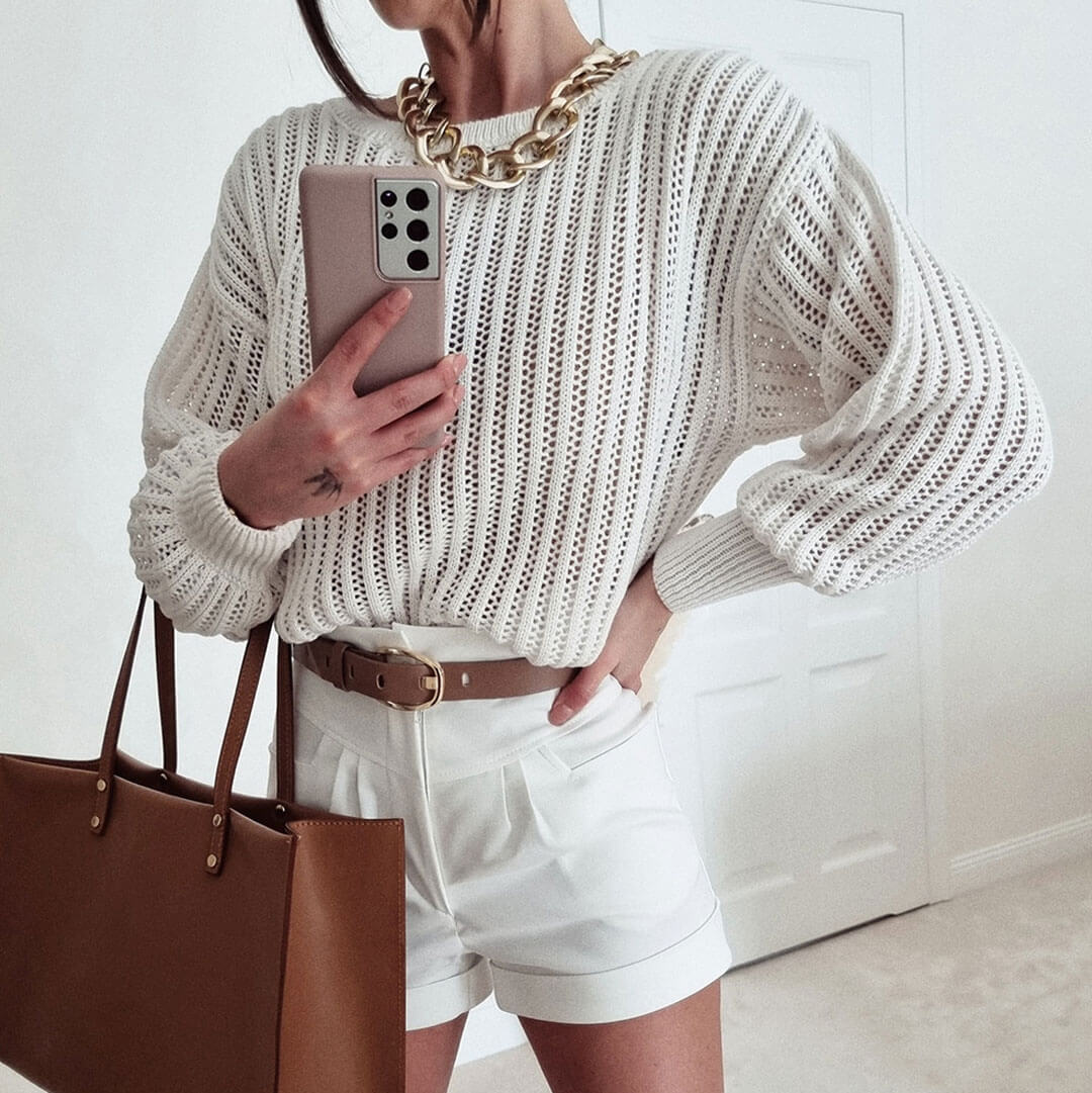 Pretty Crochet Knit Drop Shoulder Bishop Sleeve Crew Neck Sweater - White - Image 3