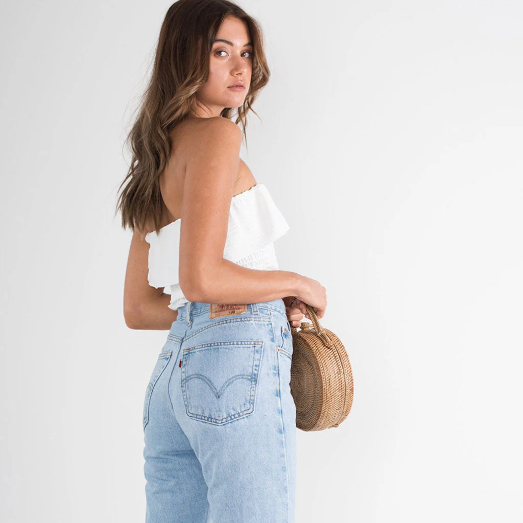 Pretty Ruffle Square Neck Tie Strap Crop Smocked Top - White - Image 3