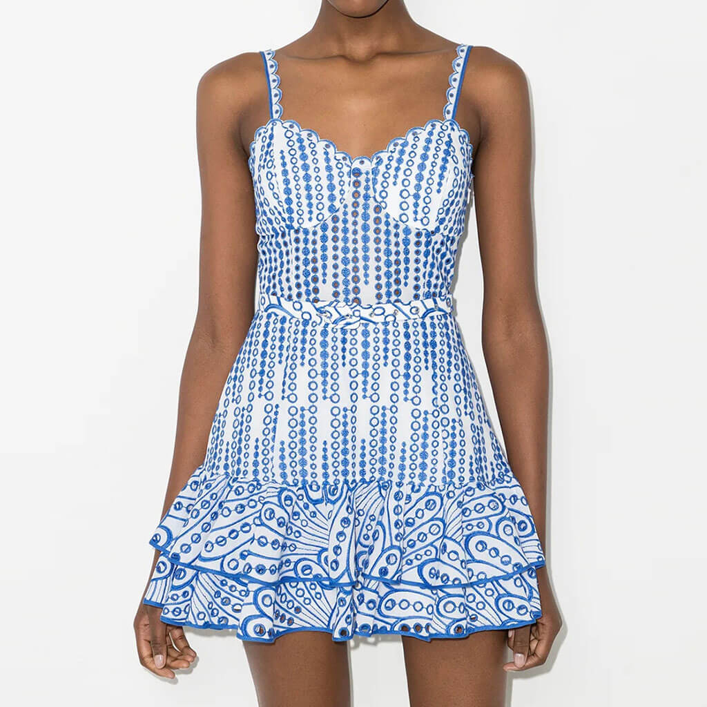 Pretty Scalloped Sweetheart Cami Smocked Belted Tiered Broderie Anglaise Mini SunDress - Image 6