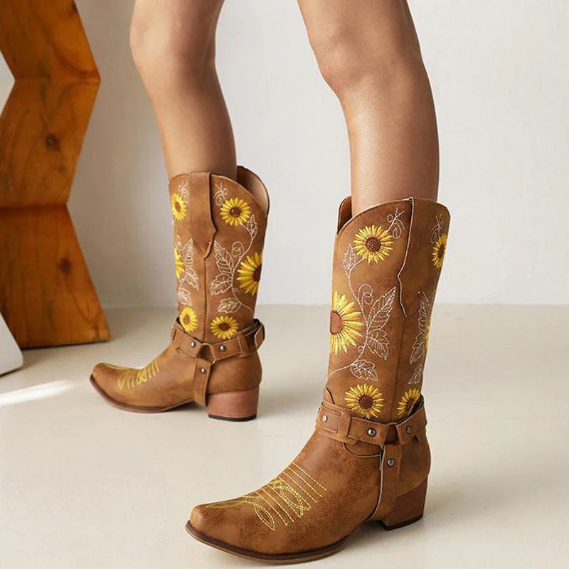 Pretty SunfLower Embroidered Square Toe Chunky Heel Western Boots - Brown