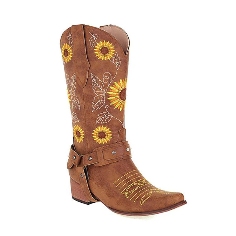 Pretty SunfLower Embroidered Square Toe Chunky Heel Western Boots - Brown - Image 2