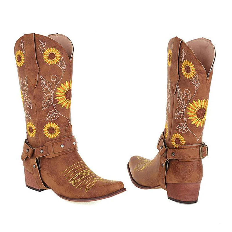 Pretty SunfLower Embroidered Square Toe Chunky Heel Western Boots - Brown - Image 3