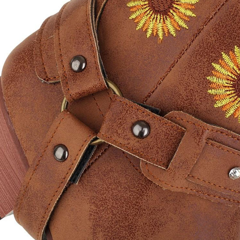 Pretty SunfLower Embroidered Square Toe Chunky Heel Western Boots - Brown - Image 5