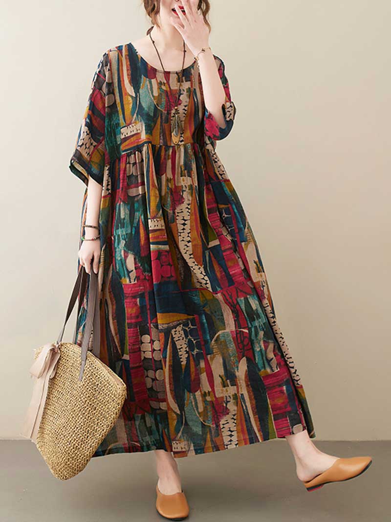 Printed Cotton Short Sleeve A-Line Dress - Image 4