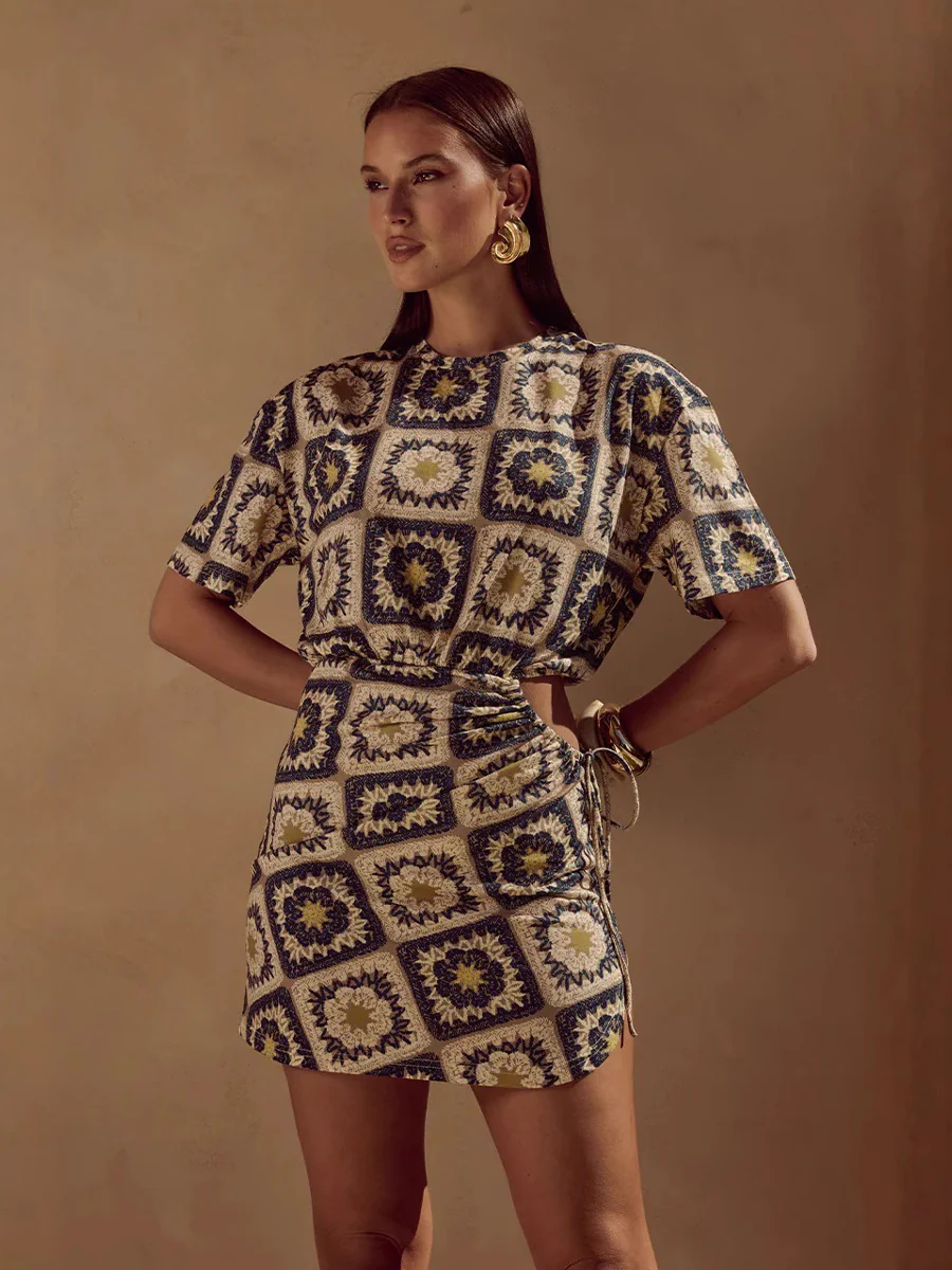 Printed Drawstring Waist Mini Dress - Image 2