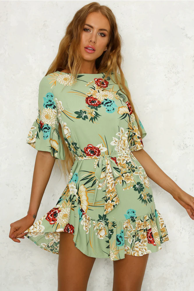Printed Ruffled Round Neck Dress With Half Sleeves - Image 3