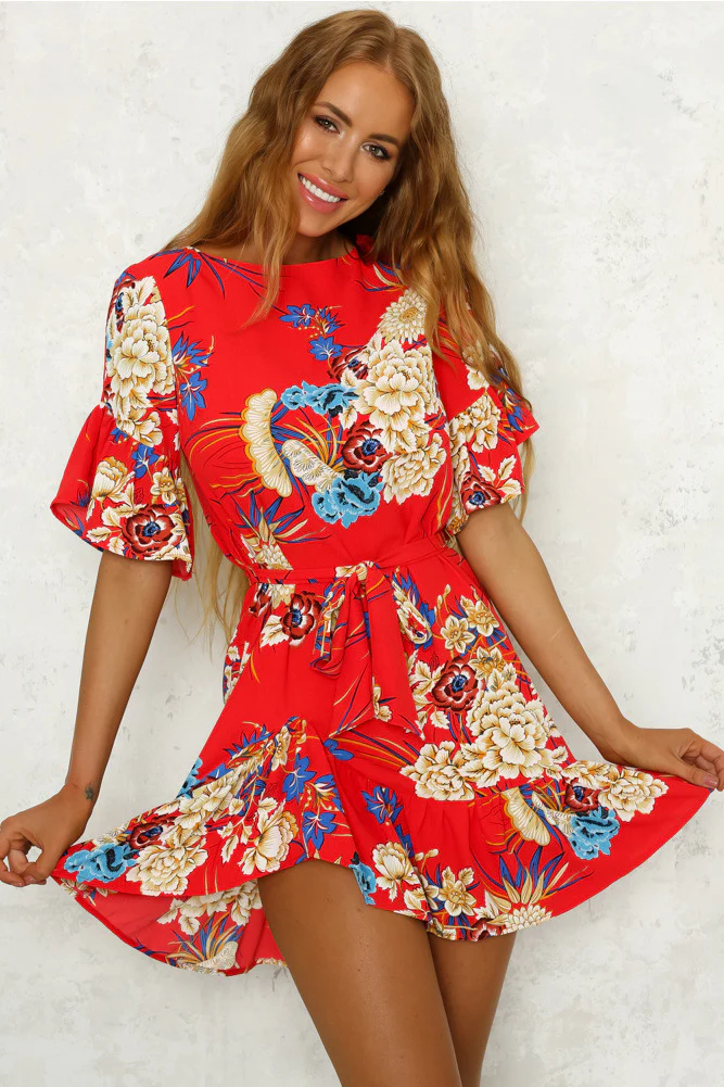 Printed Ruffled Round Neck Dress With Half Sleeves - Image 4
