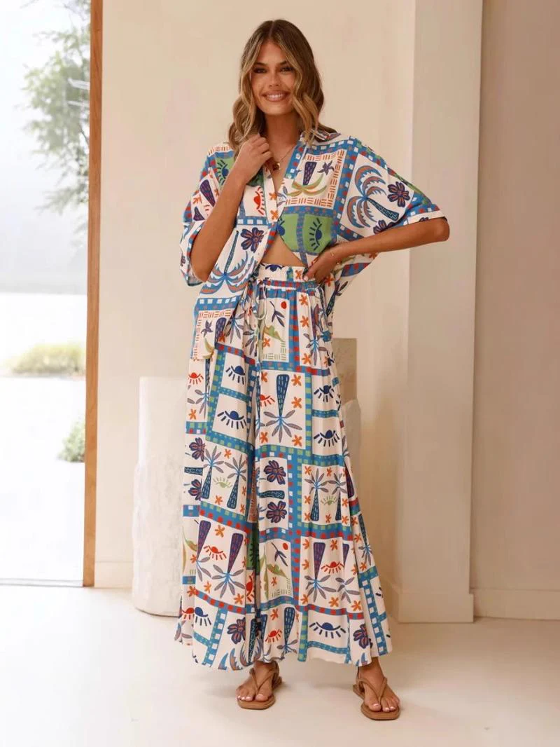 Printed Short-Sleeved Shirt And Wide-Leg Pants Suit - Image 3