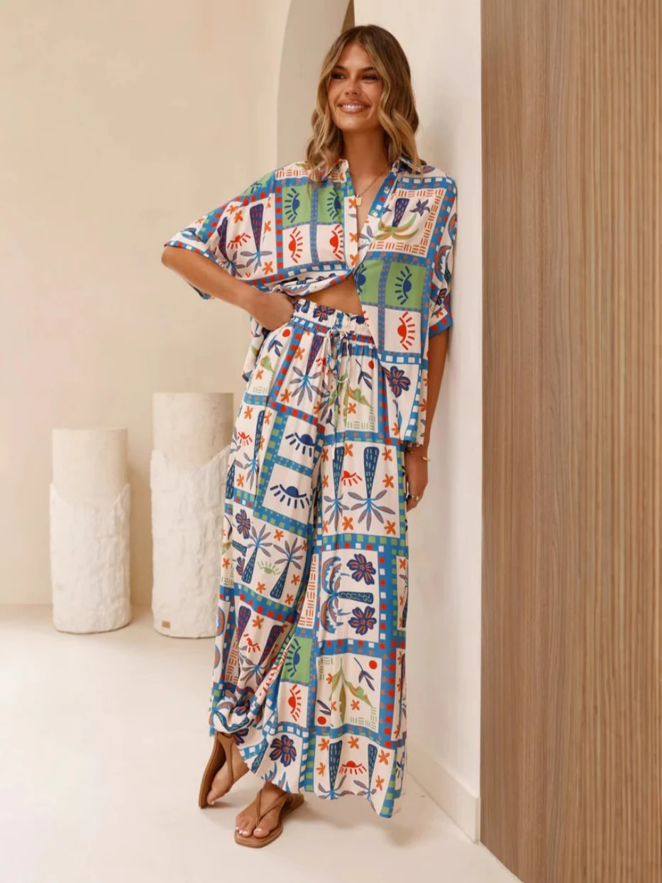 Printed Short-Sleeved Shirt And Wide-Leg Pants Suit - Image 4