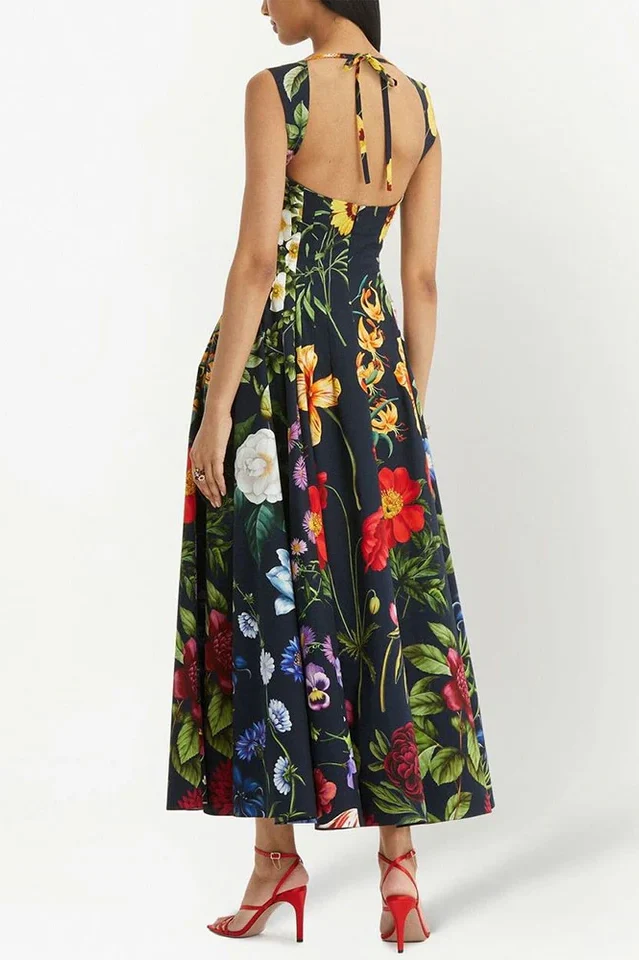 Printed Tie-Back Cotton-Blend Midi Dress - Image 3
