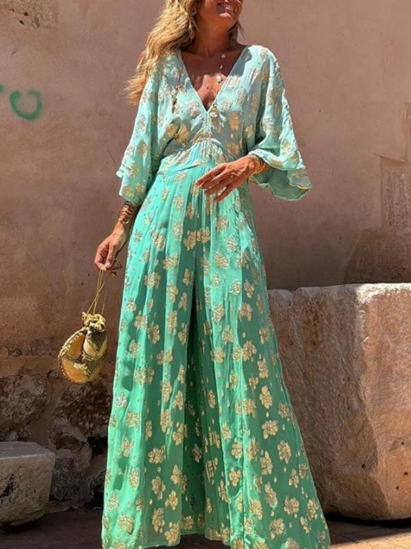 Printed V-Neck Open Back Waist Wide-Leg Jumpsuit - Image 4