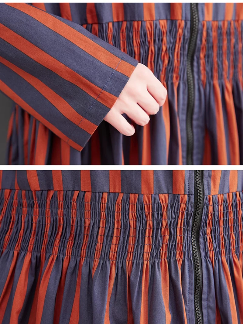 Printed Zipper Mid-Length Collar Striped A-line Dress - Image 6
