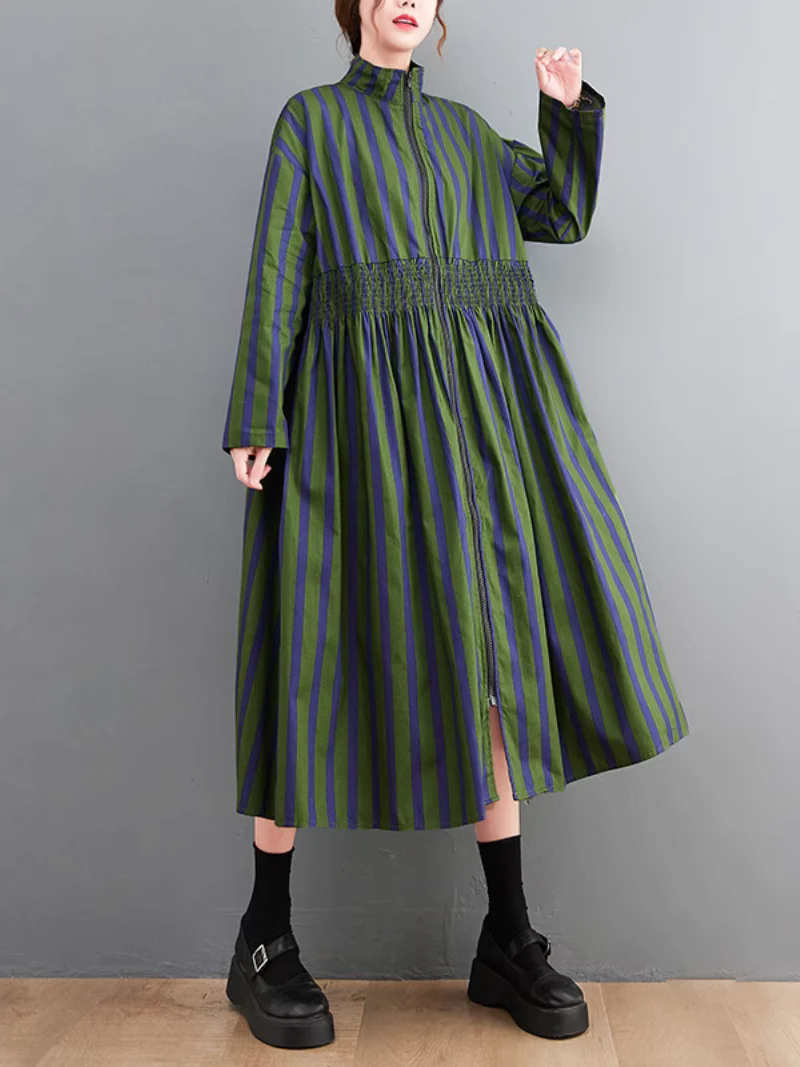 Printed Zipper Mid-Length Collar Striped A-line Dress - Image 8