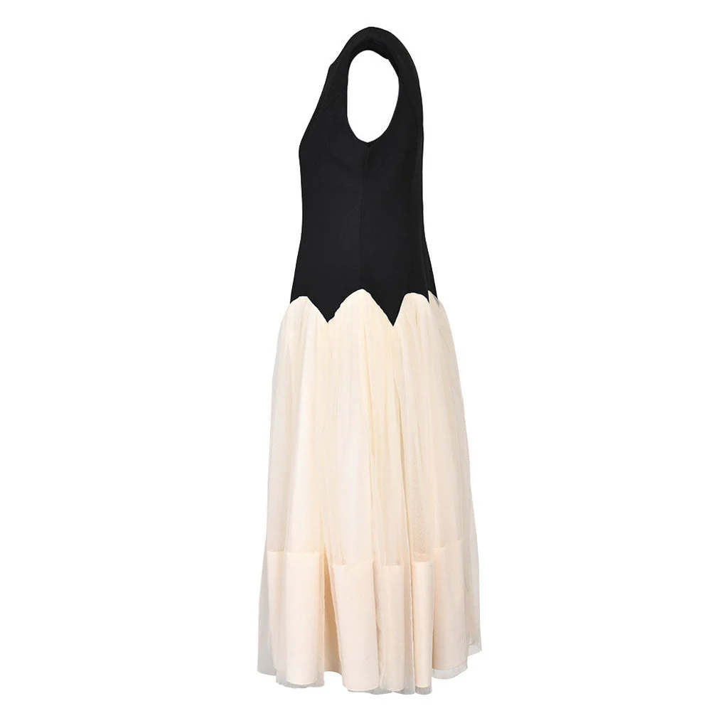 Puffy Crew Neck Contrast Petal Waist Crepe Panel Tulle Midi Sleeveless Dress - Image 2