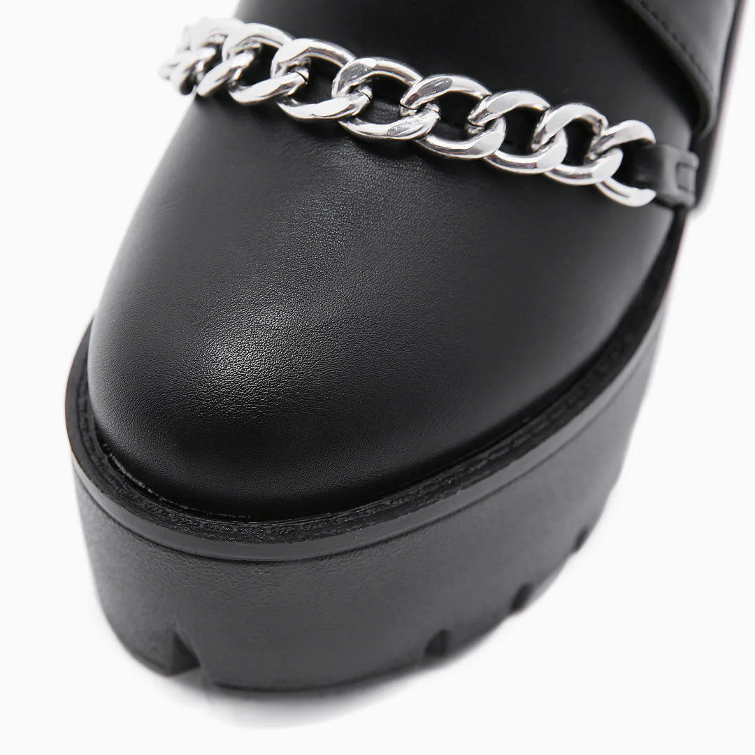 Punk Cutout Chain Trim Chunky Heel Platform Boots - Black - Image 3