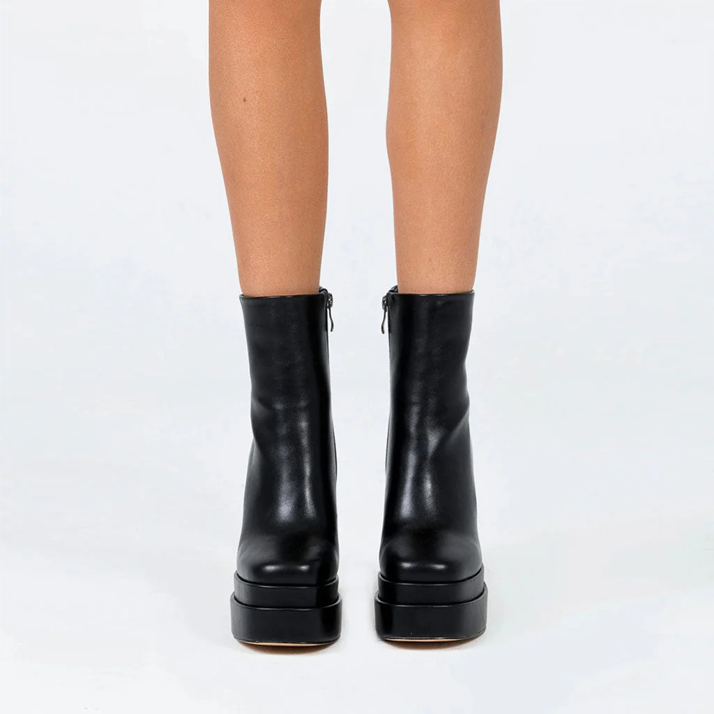 Punky Round Toe Faux Leather Platform Chunky Heeled Ankle Boots - Black