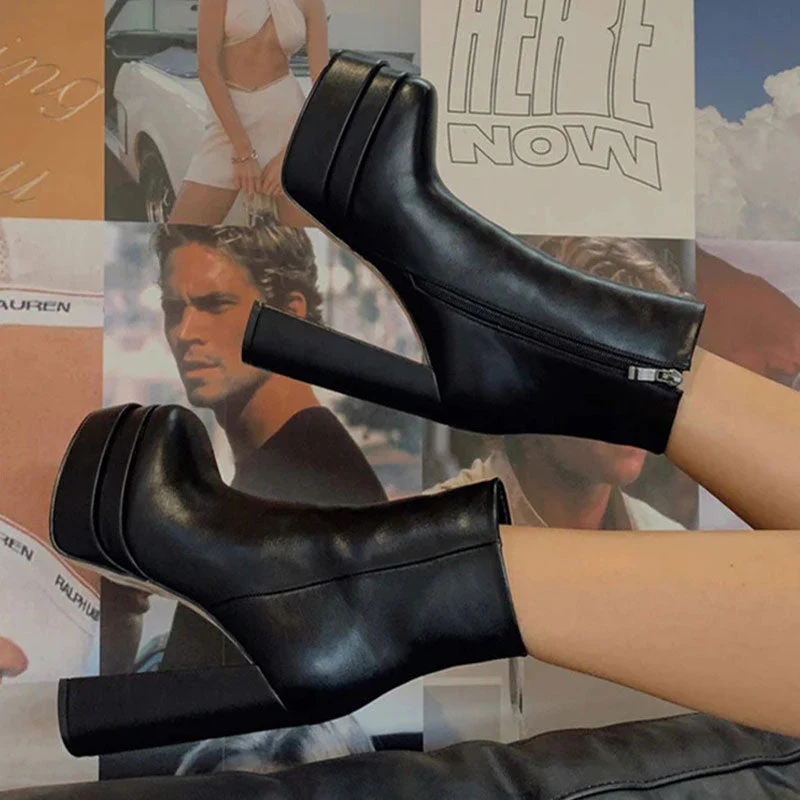 Punky Round Toe Faux Leather Platform Chunky Heeled Ankle Boots - Black - Image 4