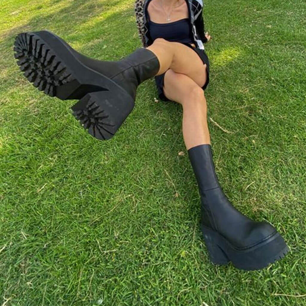 Punky Round Toe Mid Calf Platform Geometric Heeled Boots - Black - Image 3