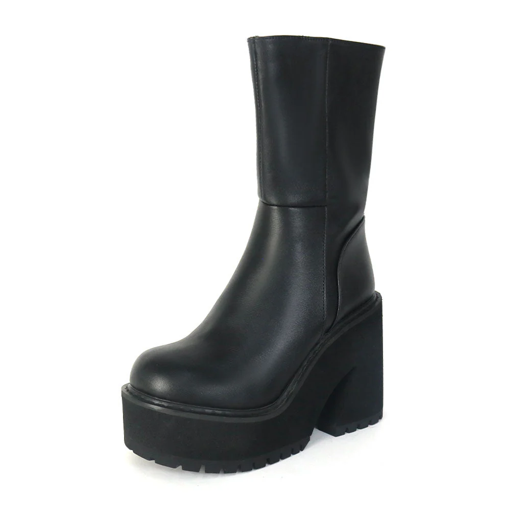 Punky Round Toe Mid Calf Platform Geometric Heeled Boots - Black - Image 5