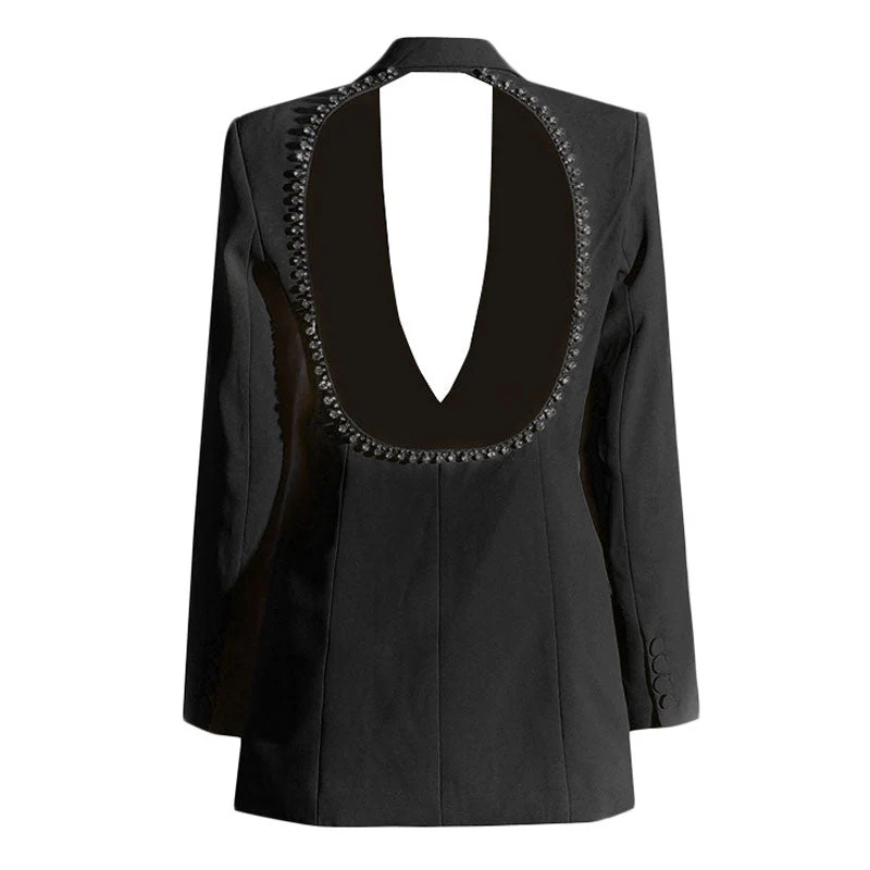 Radiant Crystal CutOut Back Lapel Long Sleeve Single Breasted Slim Blazer - Image 3