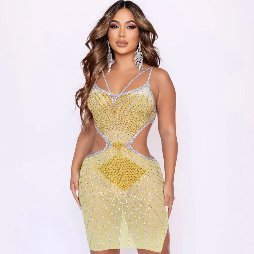 Radiant Handmade Crystal Contrast Printed CutOut Waist Mesh Sheer Mini Dress - Image 5