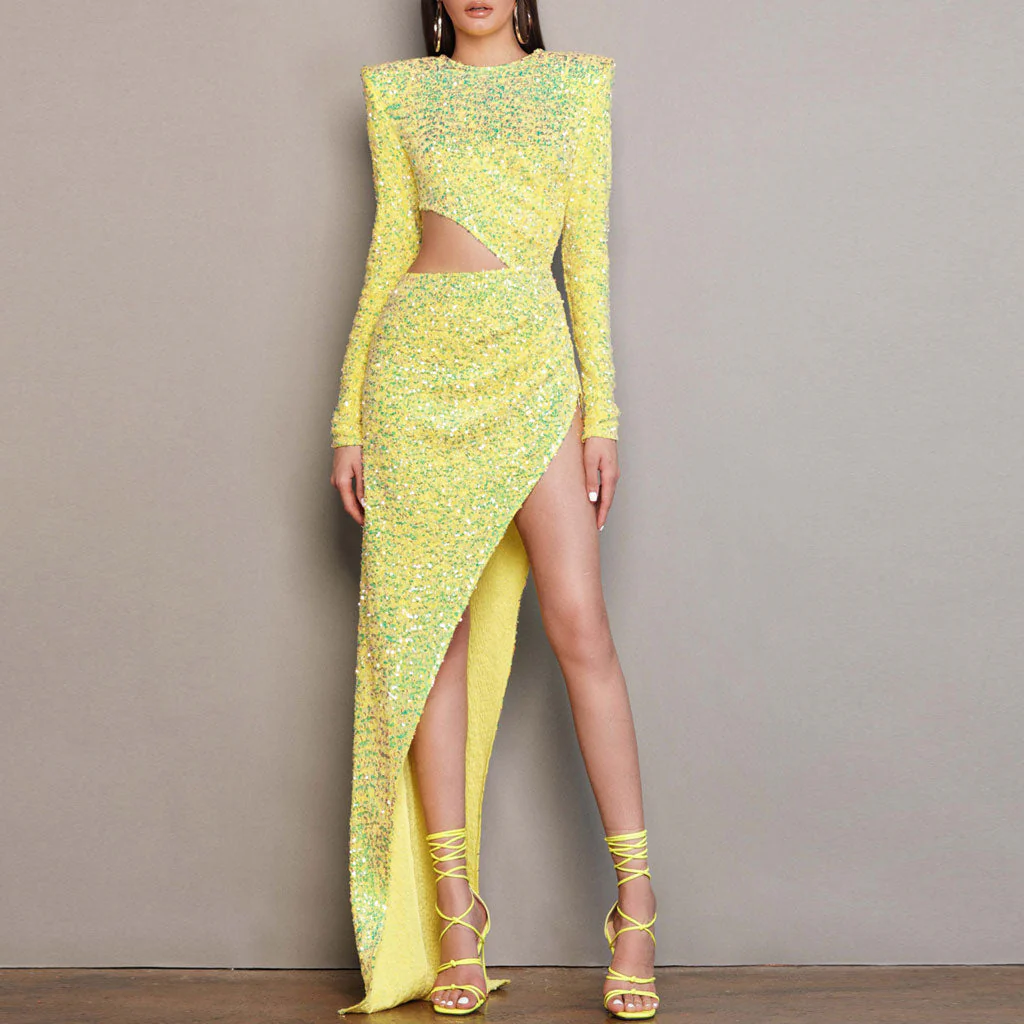 Radiant Sequin Embellished Ruched CutOut Long Sleeve Side Slit Maxi Velvet Dress - YelLow